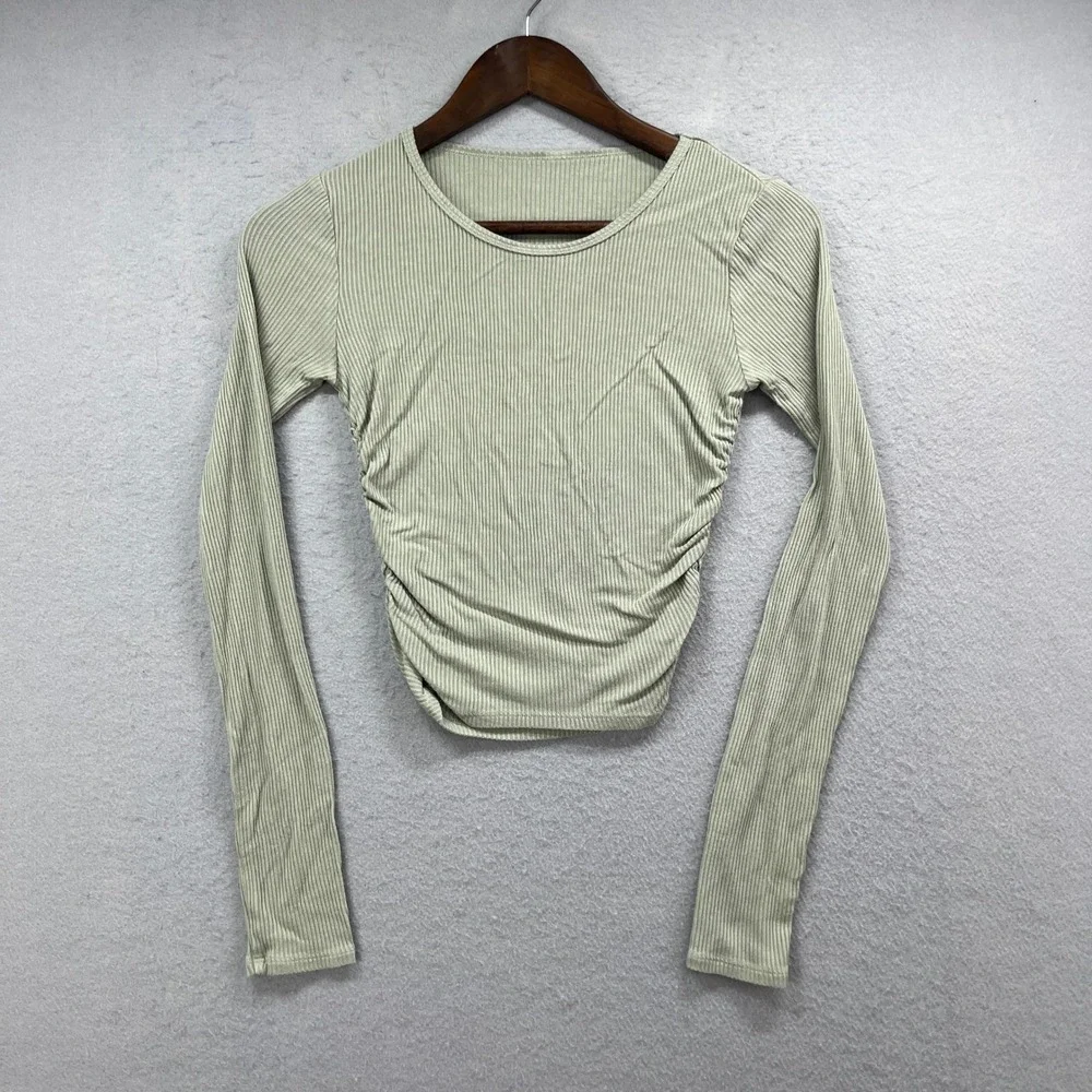 Alo Yoga Crop Top Womens 17.5x12.5 Sage Green Ribbed Athleisure Long Sleeve